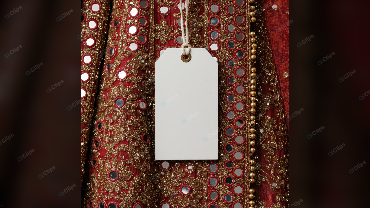 Ornate Red Fabric with Blank Tag and Gold Embroidery