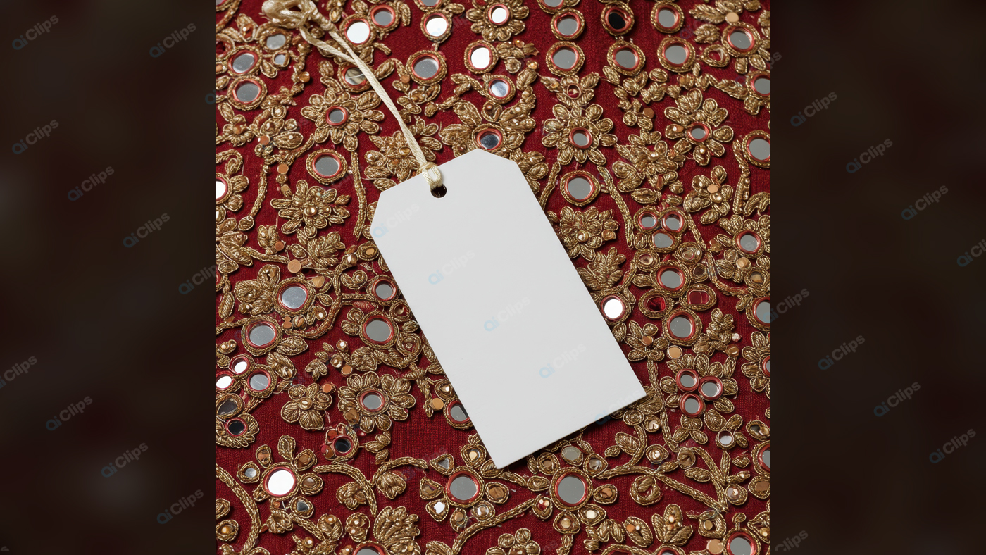 Elegant Embroidered Fabric with Mirror Accents and Blank Tag