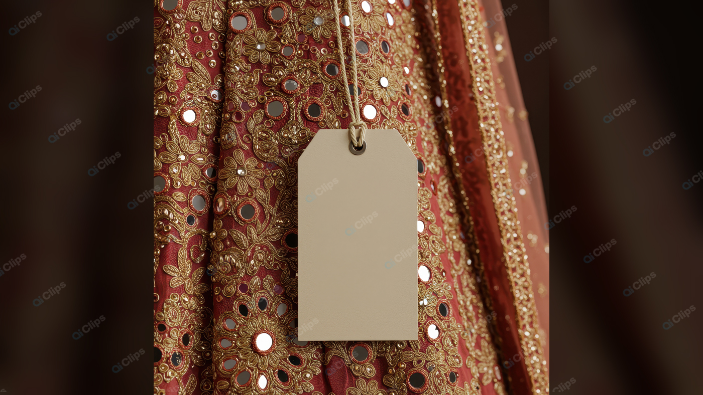 Intricate Red and Gold Embroidered Fabric with Blank Tag