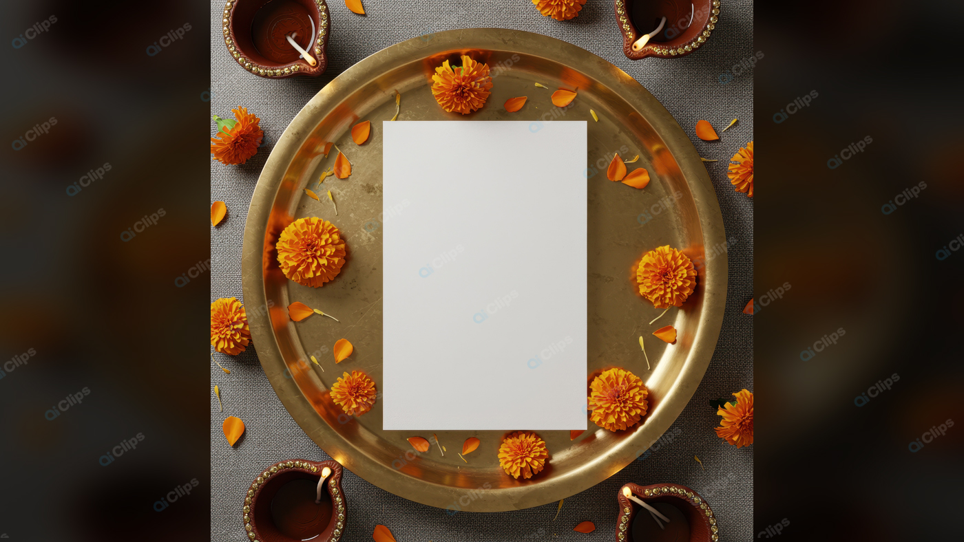 Marigold and Oil Lamp Diwali Decoration on Golden Plate