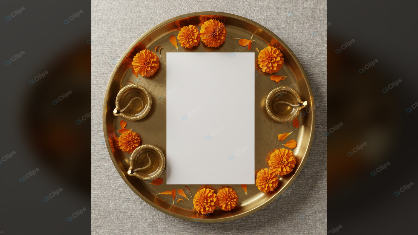 Marigold Flower Tray with Oil Lamps on Canvas Background