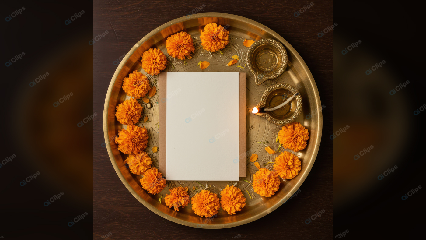 Marigold Garland with Traditional Diya and Blank Card on Brass Plate