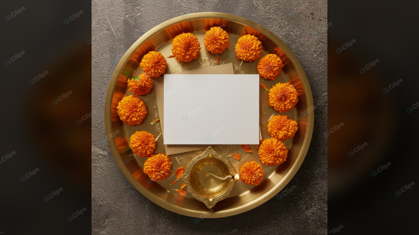 Traditional Indian Brass Plate with Marigolds and Diya Lamp