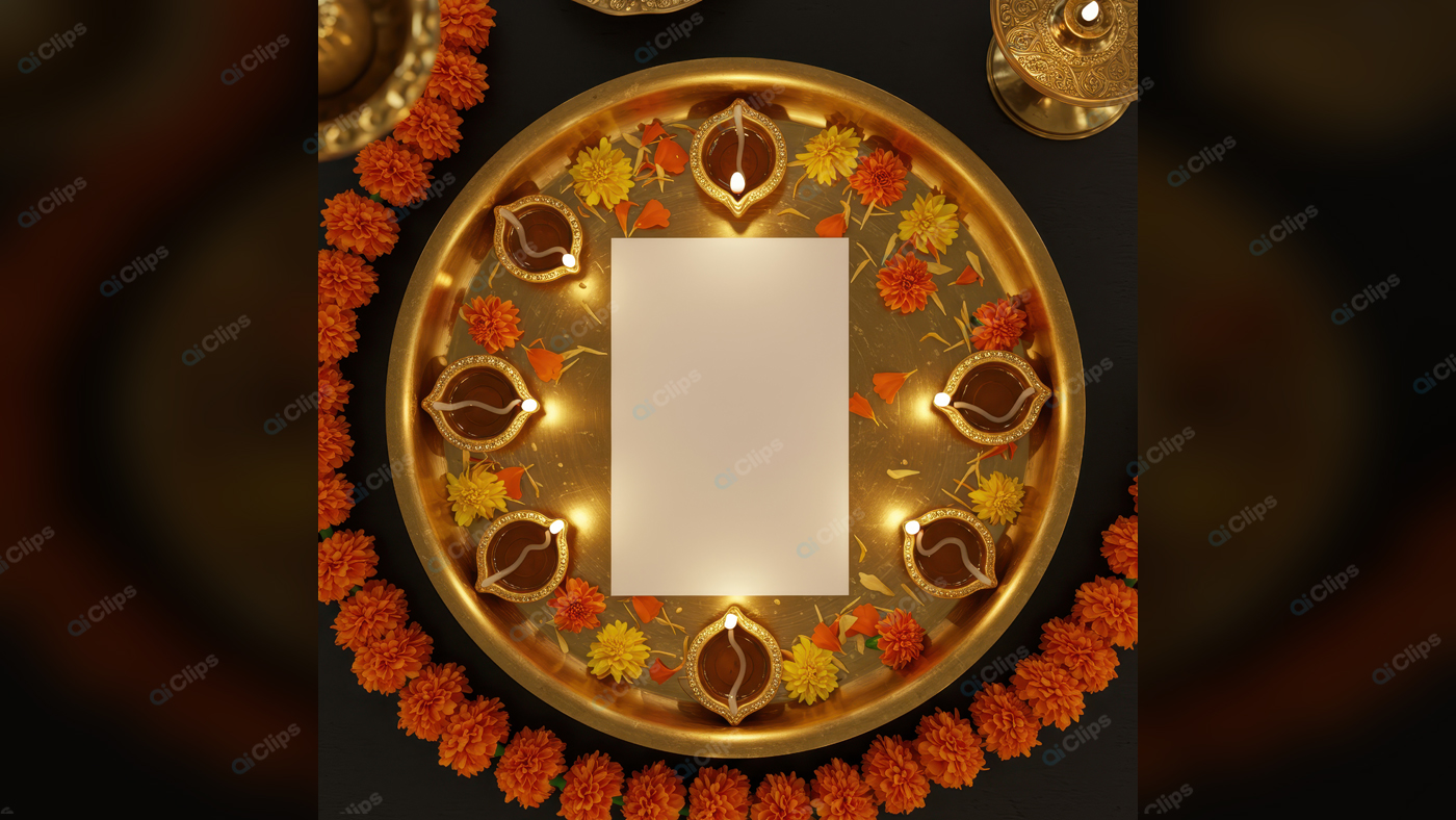 Diwali Festival Decor with Diyas and Marigold Flowers on Brass Plate