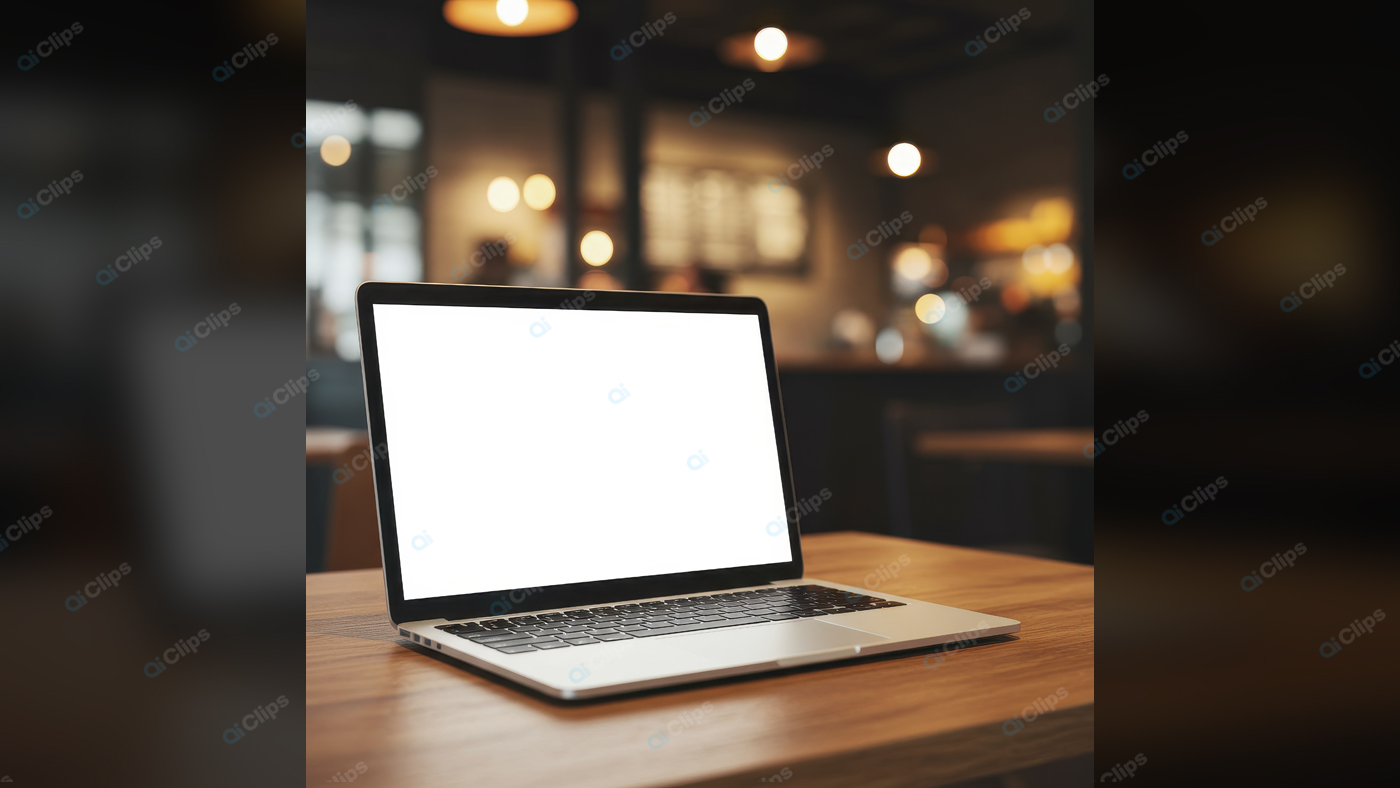 Modern Laptop on Cafe Table with Blank Screen