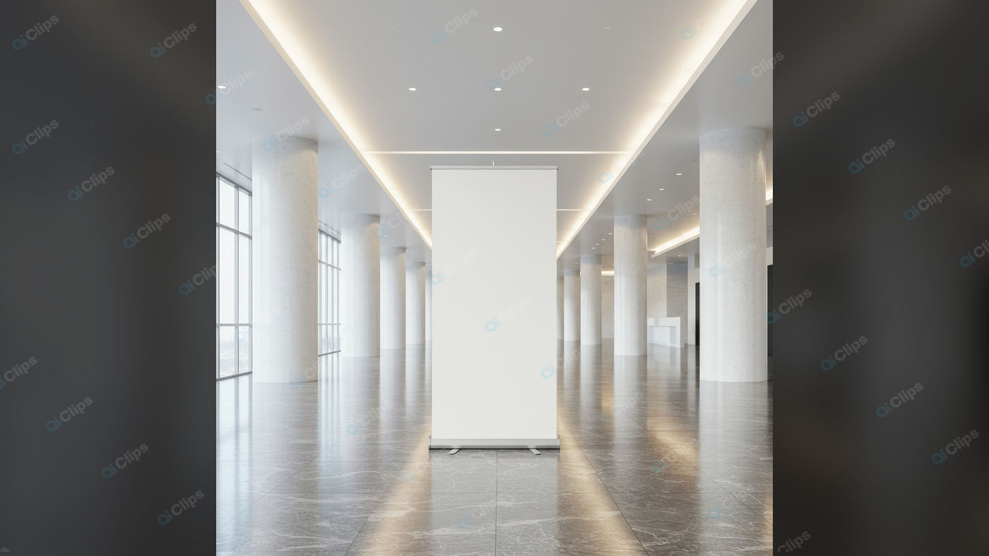 Modern Gallery Hall with Blank Roll-Up Banner Display