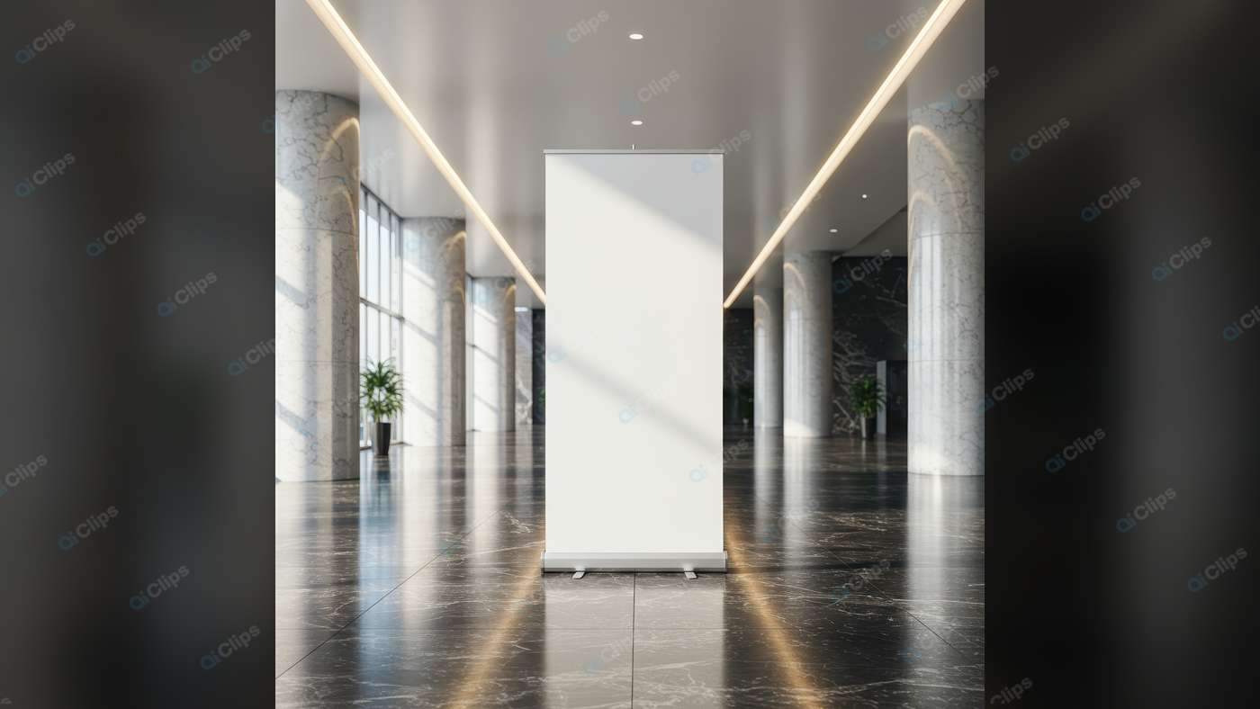 Sleek Roll-Up Banner in Modern Office Lobby
