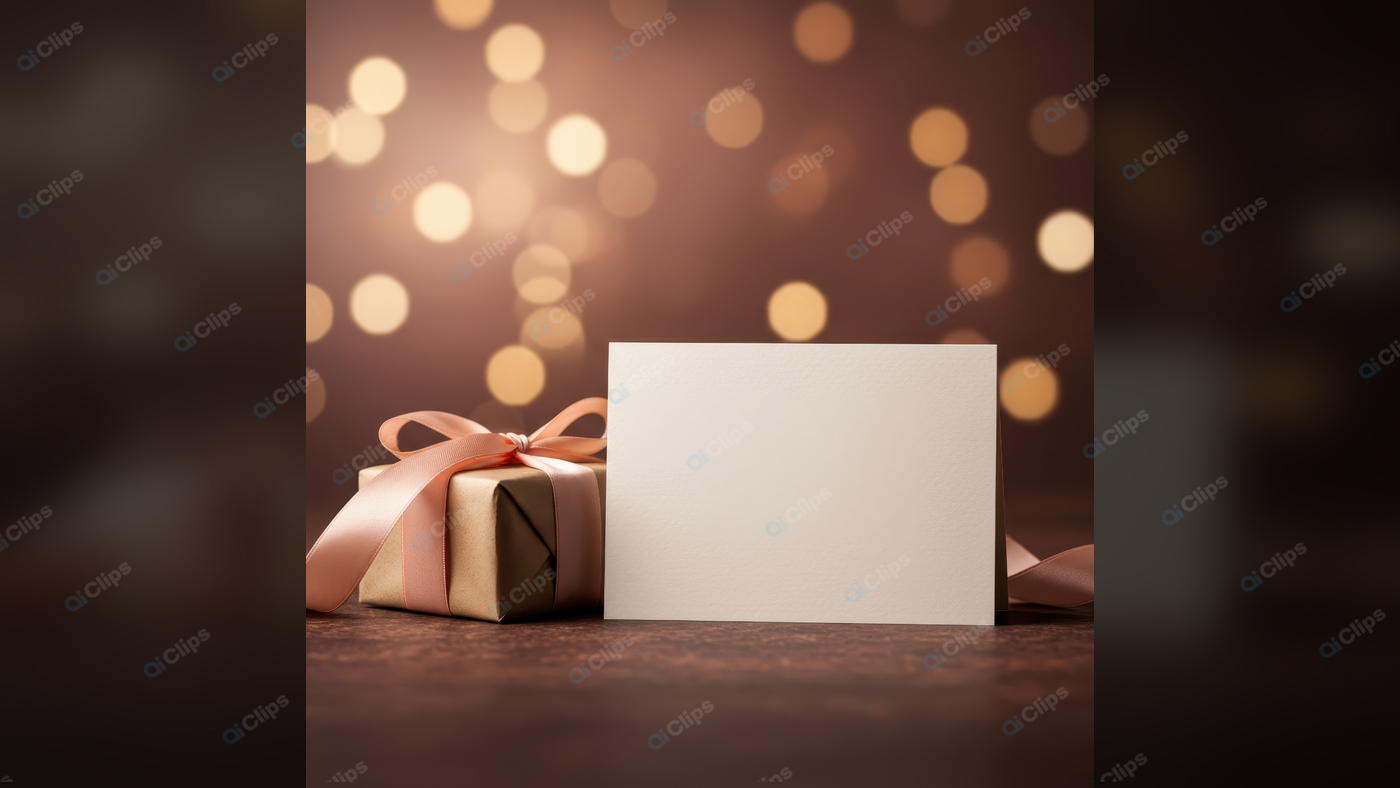 Gift Box with Greeting Card and Festive Lights Background