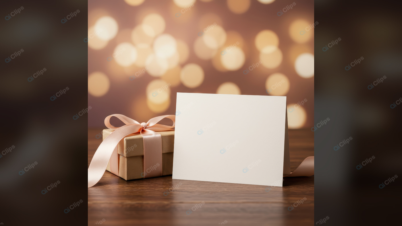 Gift Box with Ribbon and Blank Card on Wooden Table