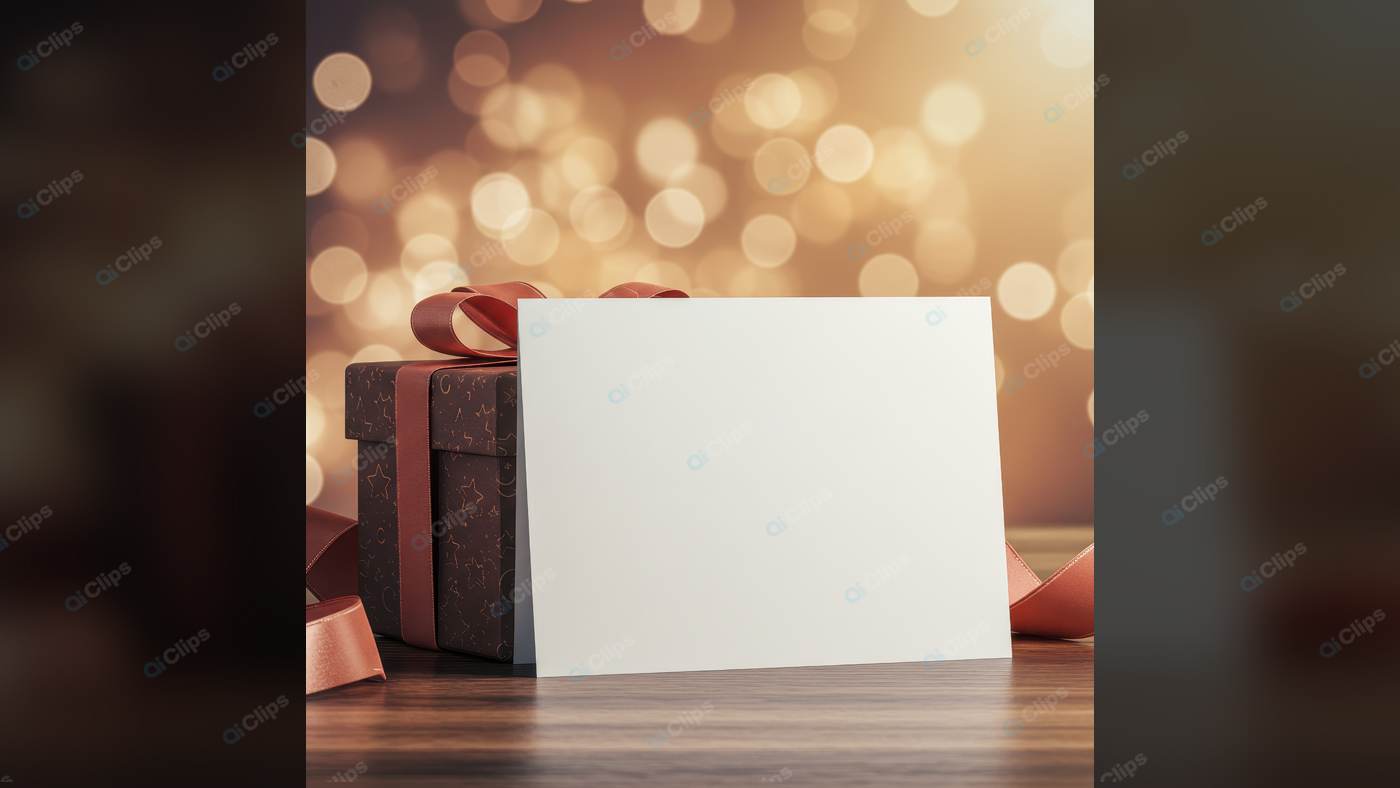 Gift Box with Blank Card and Bokeh Lights Background