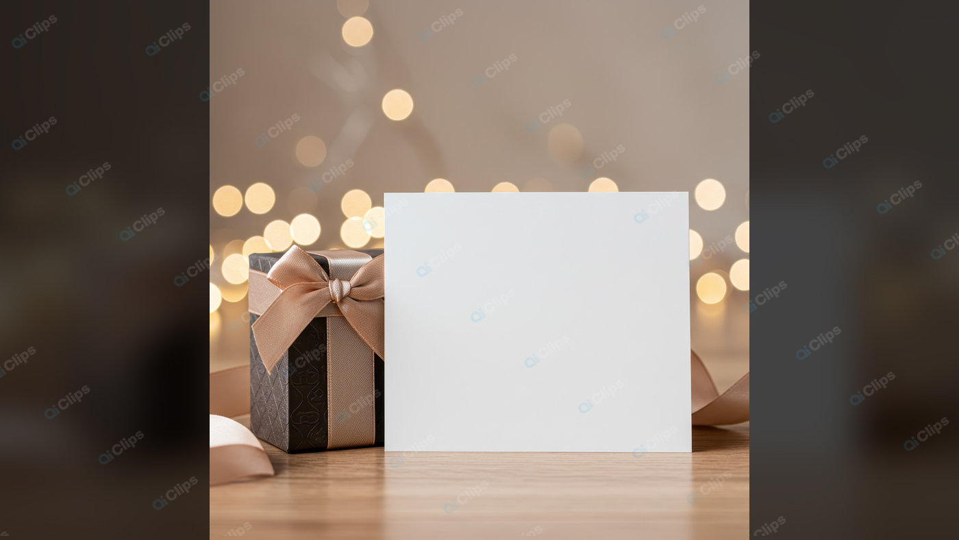 Gift Box with Blank Card and Soft Bokeh Lights Background