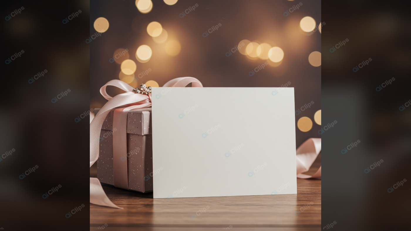 Gift Box with Blank Card and Bokeh Lights on Wooden Table