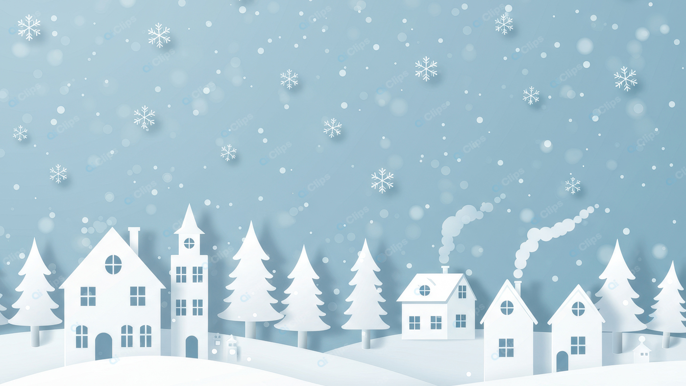 Winter Village Scene with Snowflakes and Houses