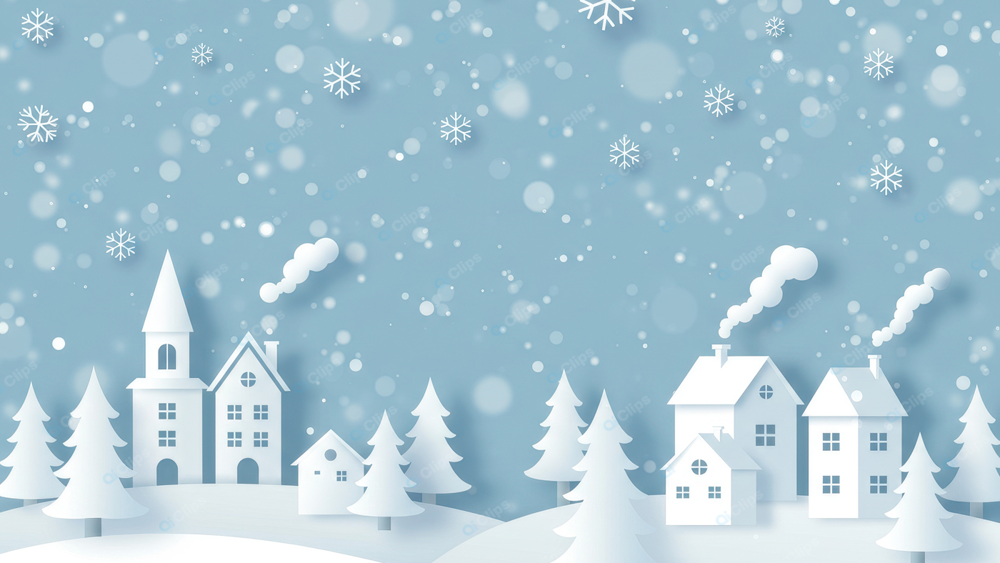 Winter Village Scene with Snowflakes and Pine Trees