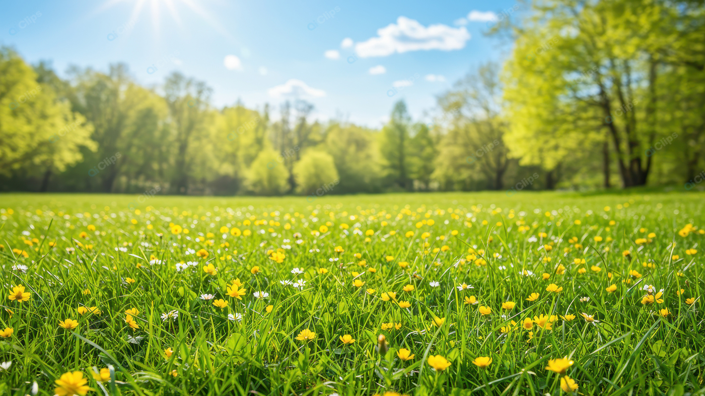 Bright Spring Meadow with Wildflowers Under Sunny Blue Sky