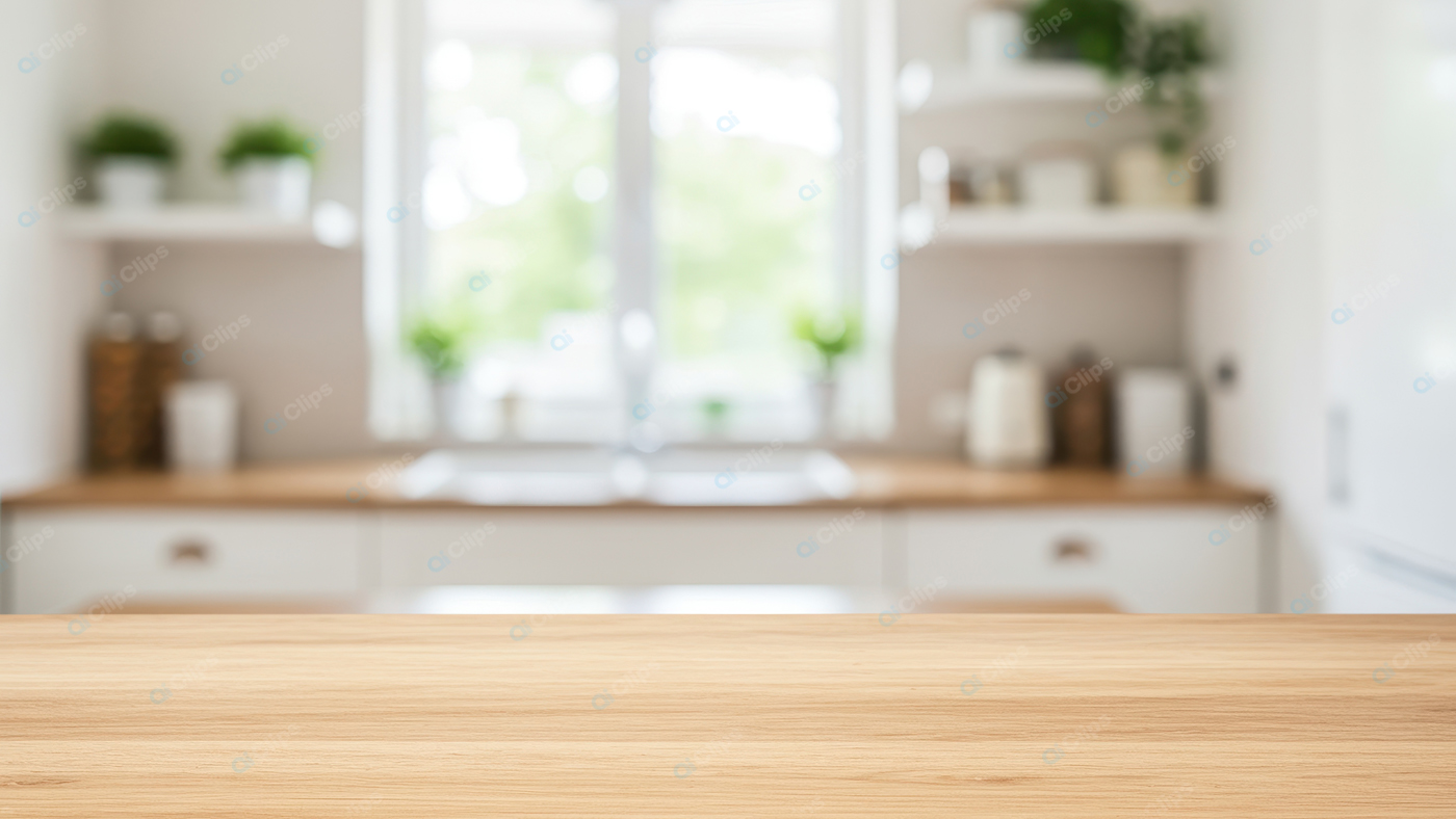 Blurred Modern Kitchen Interior with Wooden Countertop