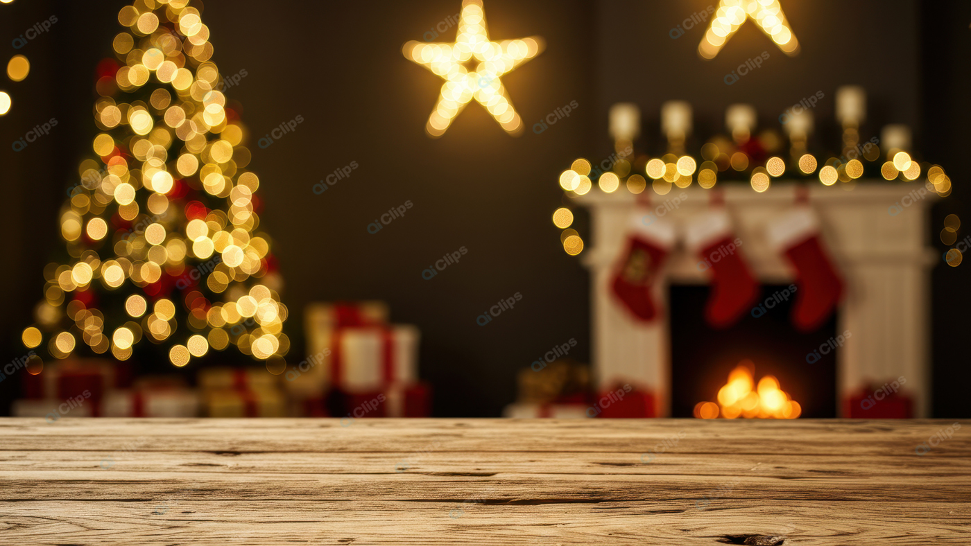 Christmas Fireplace Scene with Tree and Decorations