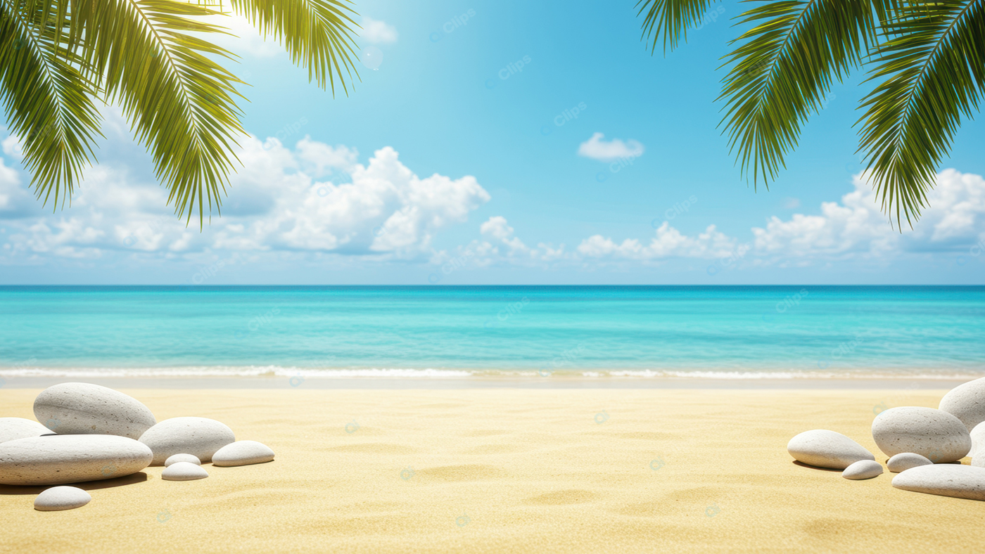 Tropical Beach with Palm Leaves and Smooth Stones