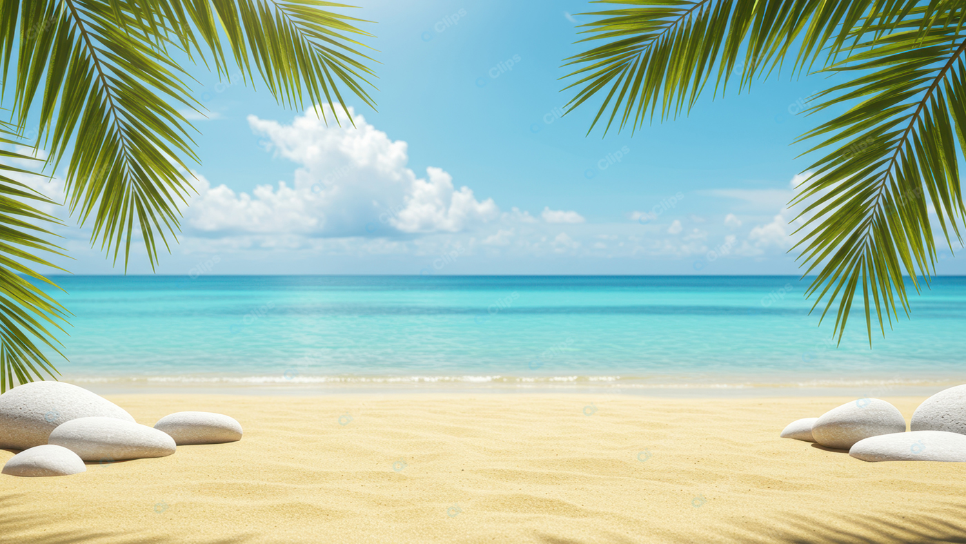 Tropical Beach with Palm Leaves and Ocean View