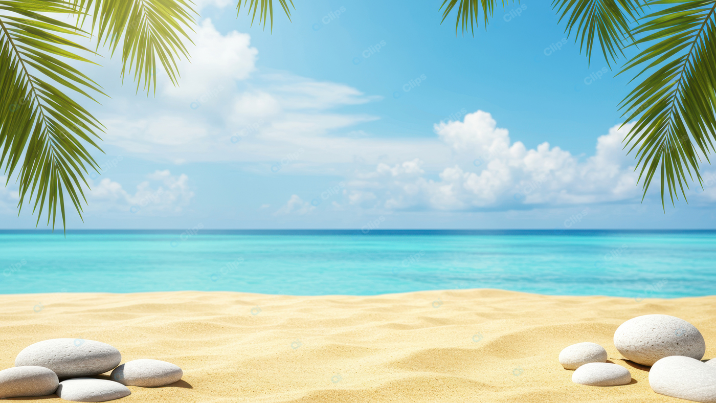 Tropical Beach with Palm Leaves and White Pebbles