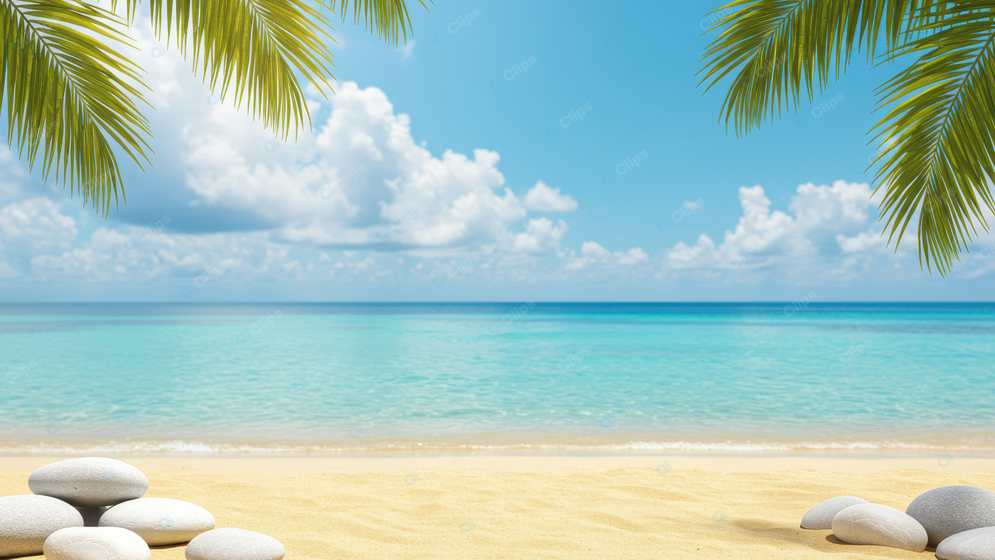 Tropical Beach Paradise with Ocean View and Palm Fronds