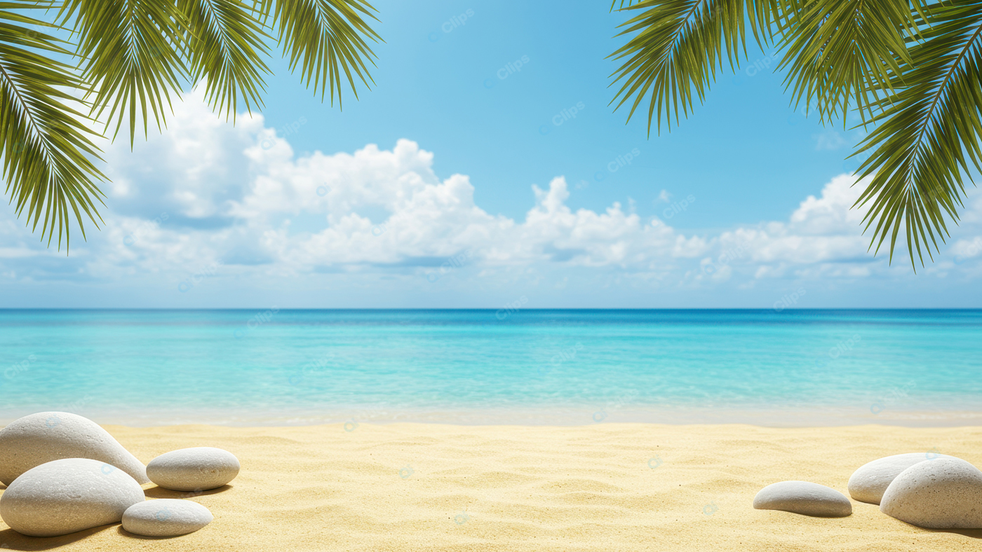 Tropical Beach with Palm Leaves and Smooth Pebbles