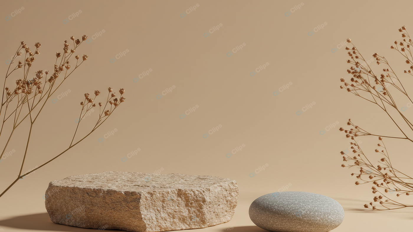 Natural Stone and Dried Floral Arrangement on Neutral Background