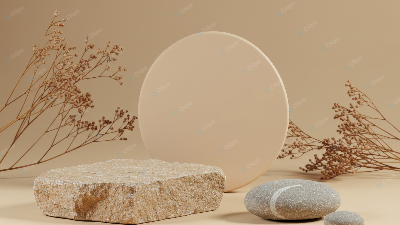 Minimalistic Stone and Plant Display on Beige Background