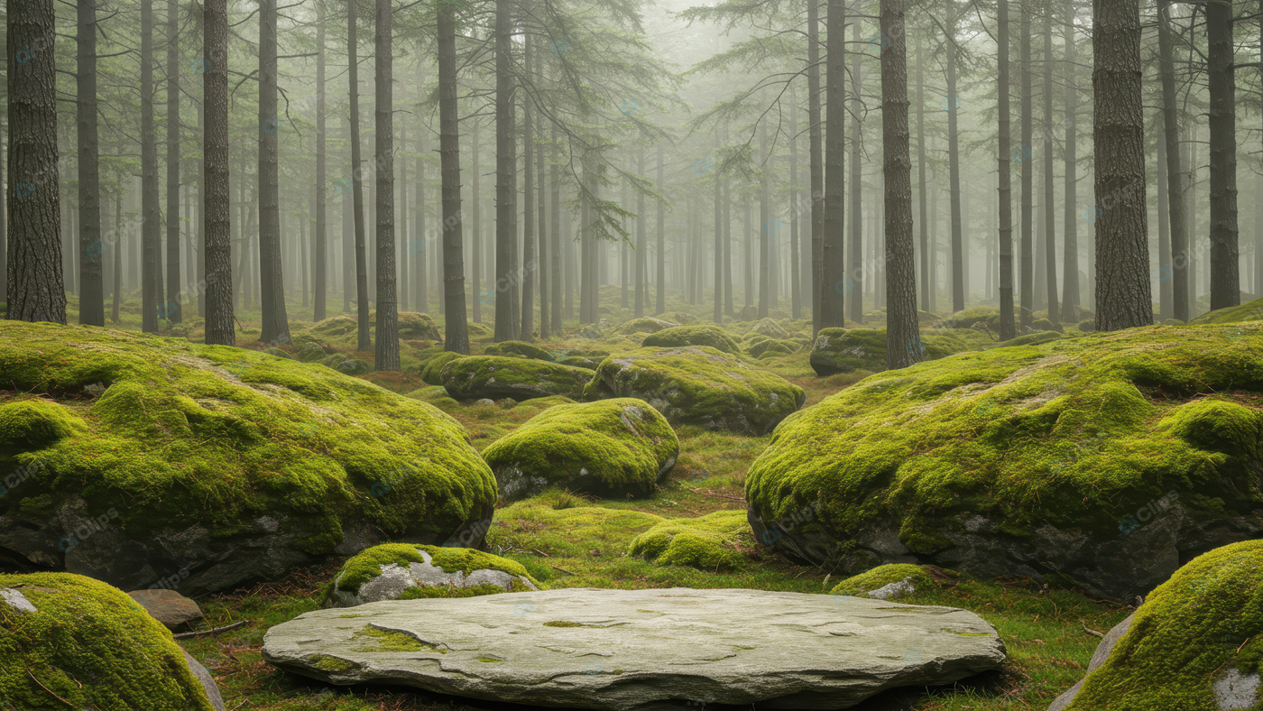Misty Woodland with Mossy Boulders