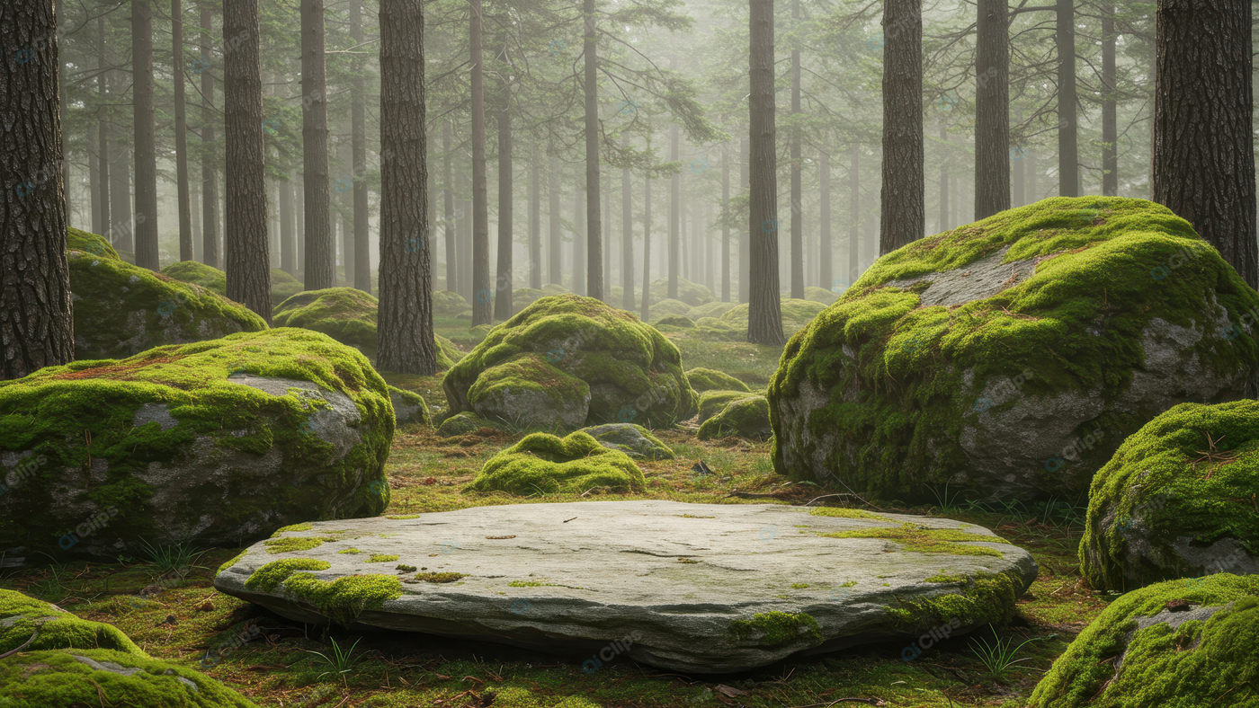 Moss-Covered Boulders in Misty Pine Forest