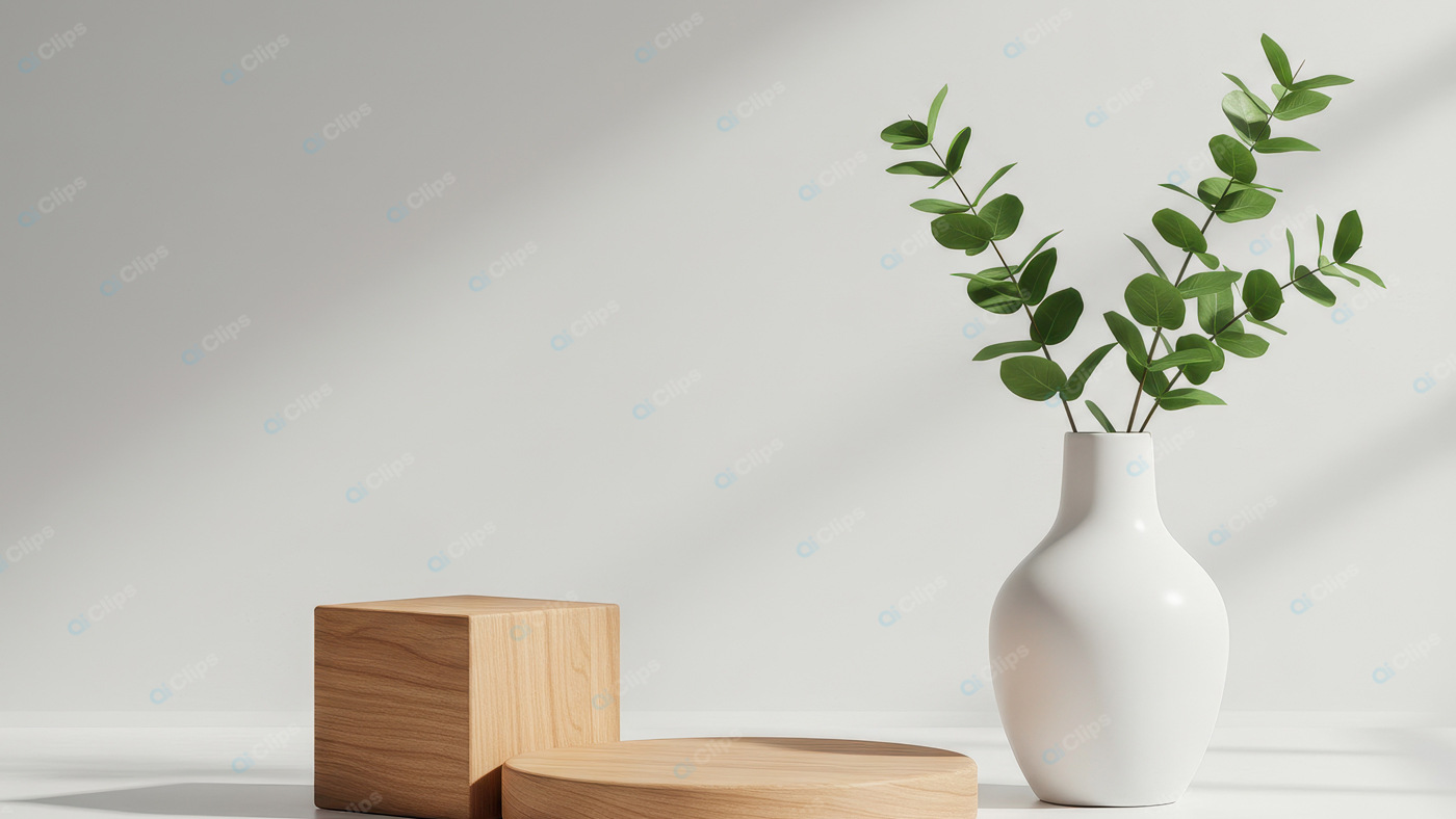 Minimalist Vase with Eucalyptus and Wooden Shapes in Sunlight