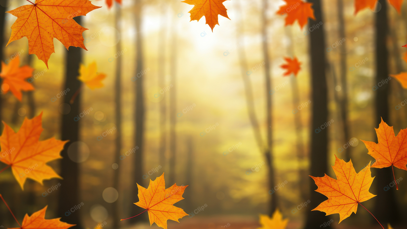 Autumn Leaves Falling in Sunny Forest