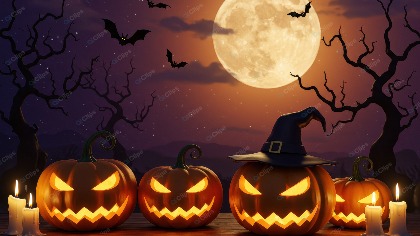 Halloween Night with Glowing Jack-o'-Lanterns and Full Moon
