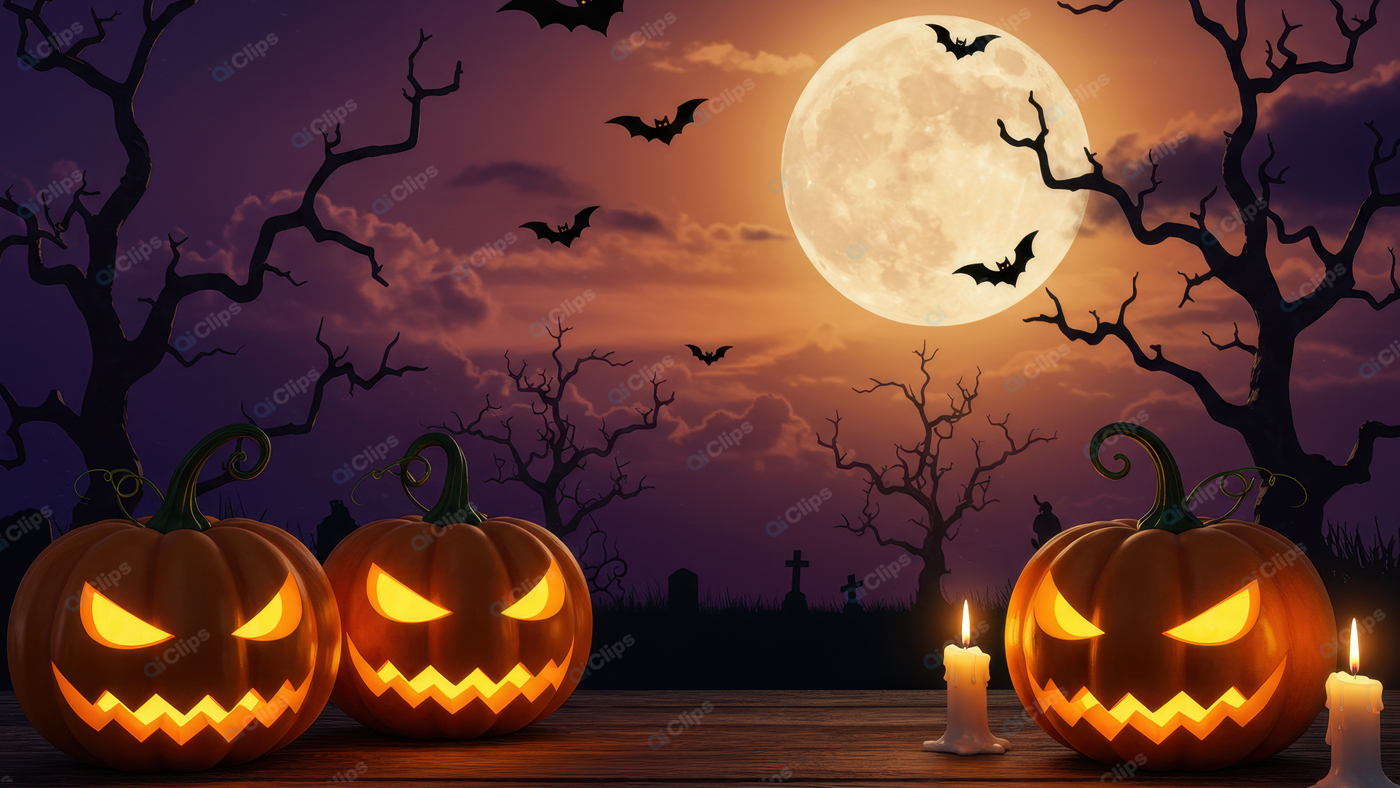 Halloween Night with Jack-o'-Lanterns and Bats