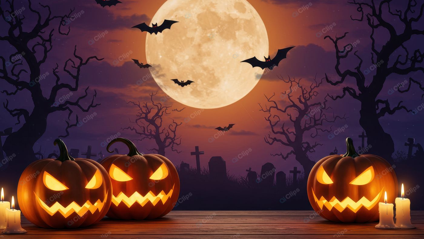Halloween Night with Jack-o'-Lanterns and Full Moon