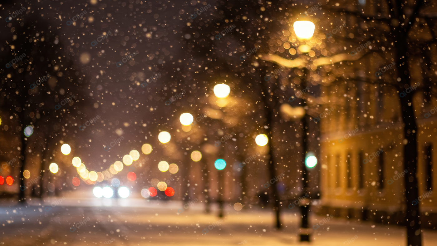 Winter Night Snowfall on City Street with Lights