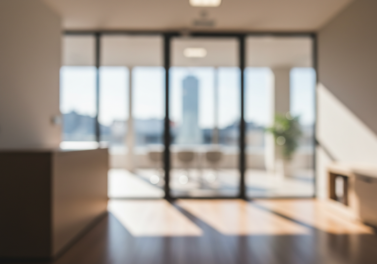 Modern Office Interior with Sunlit Glass Doors