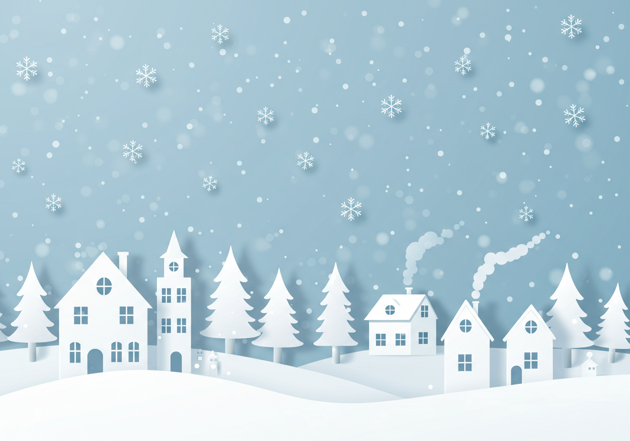 Winter Village Scene with Snowflakes and Houses