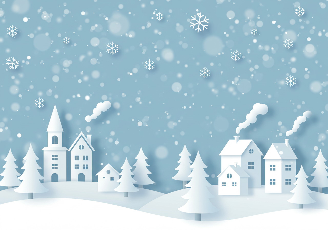 Winter Village Scene with Snowflakes and Pine Trees