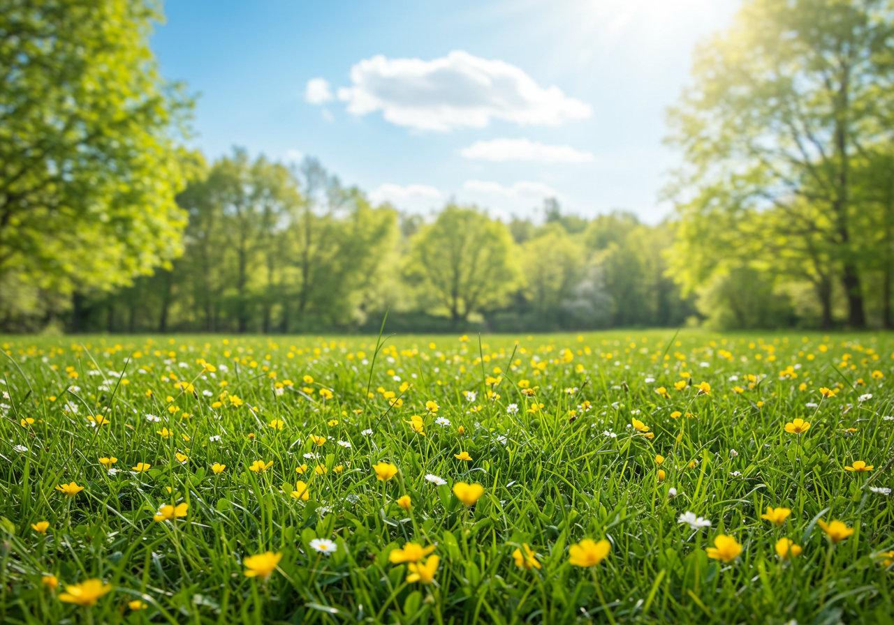 Sunny Meadow with Wildflowers and Lush Greenery