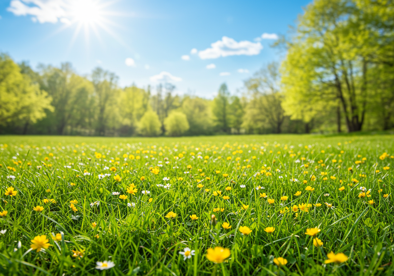 Bright Spring Meadow with Wildflowers Under Sunny Blue Sky