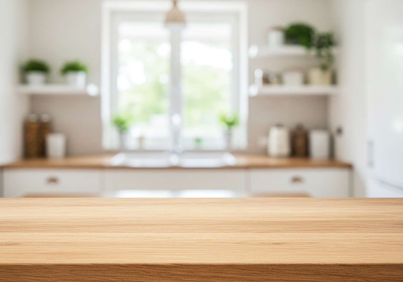 Blurred Modern Kitchen Interior with Wooden Countertop