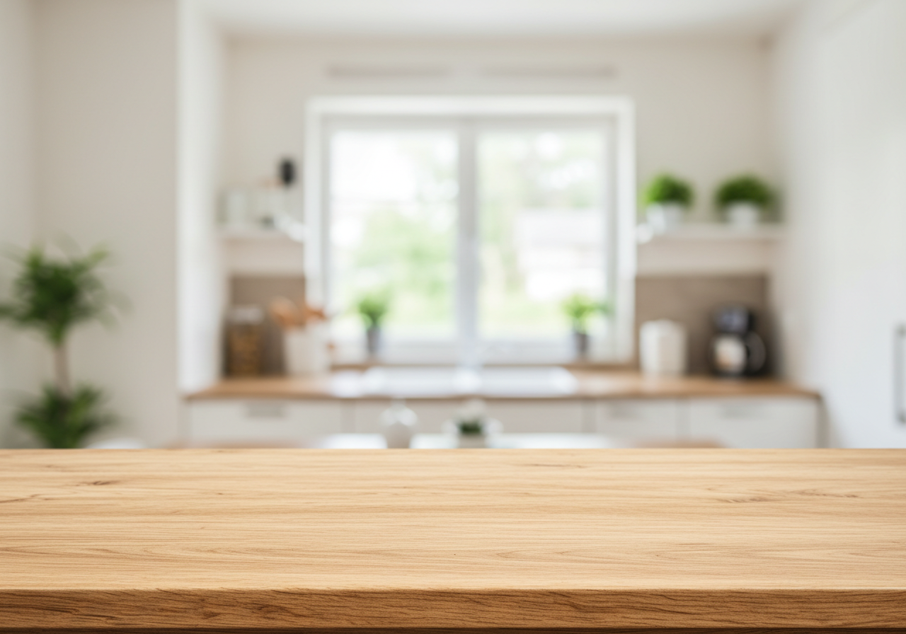 Modern Kitchen with Wooden Countertop and Indoor Plants