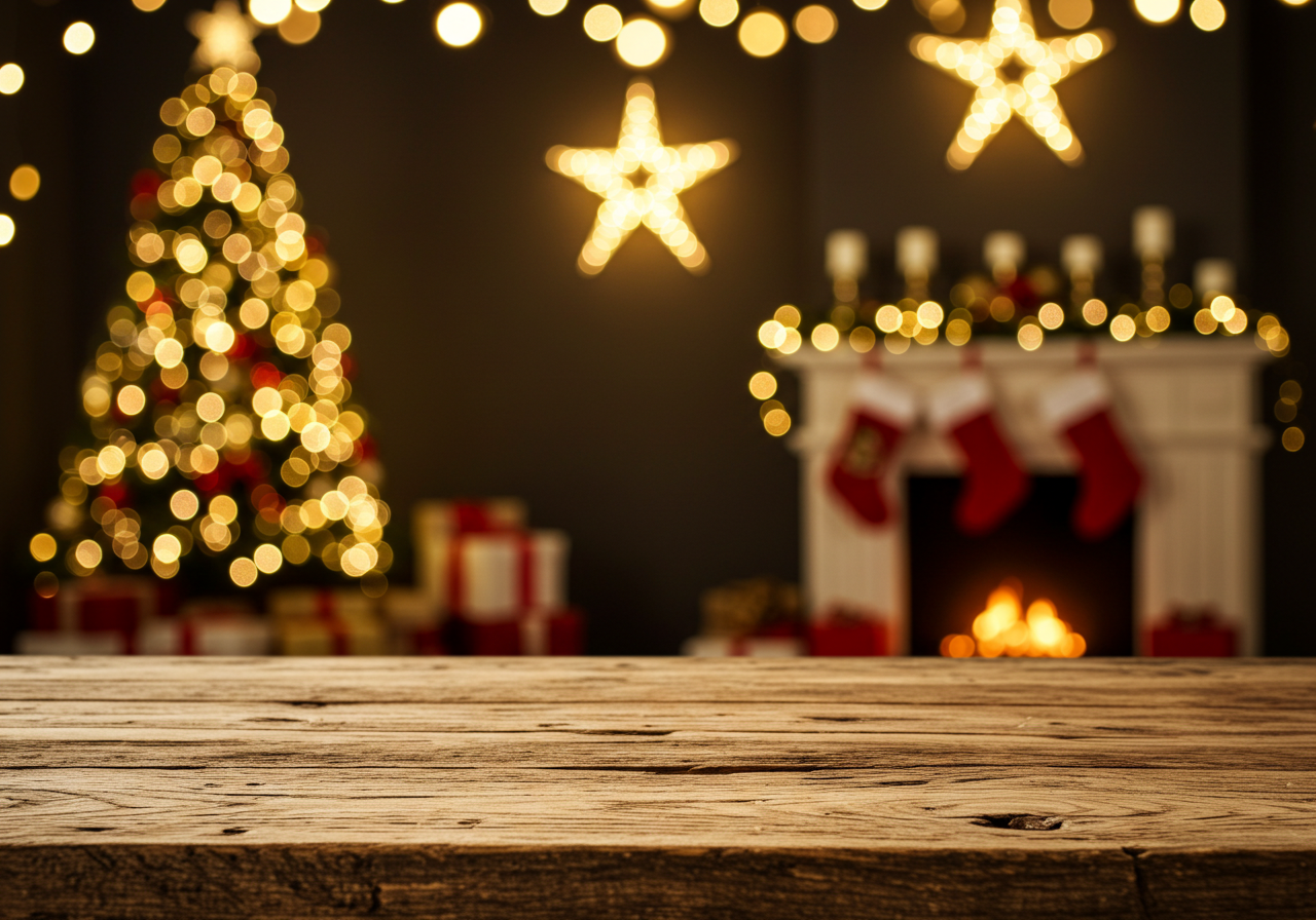 Christmas Fireplace Scene with Tree and Decorations