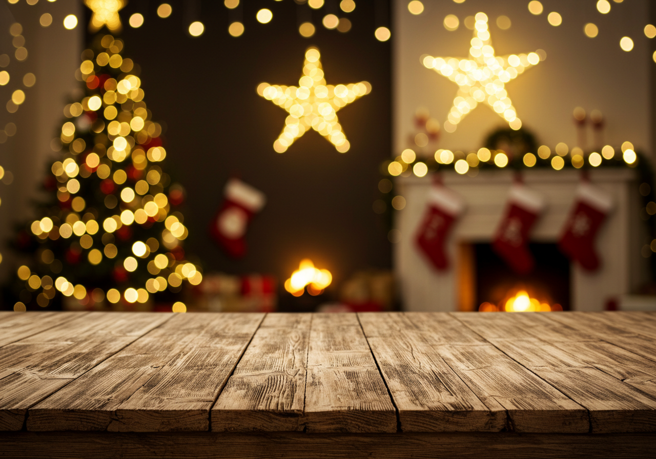 Festive Christmas Living Room with Decorated Tree and Fireplace