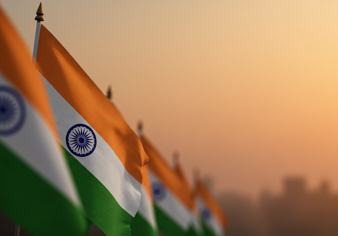Indian Flags at Sunset in Peaceful Landscape