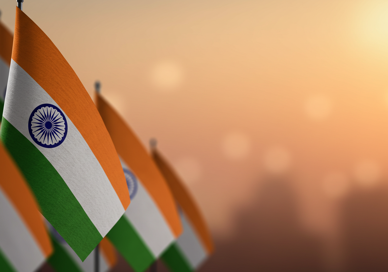 Indian Flags Waving at Sunset Background