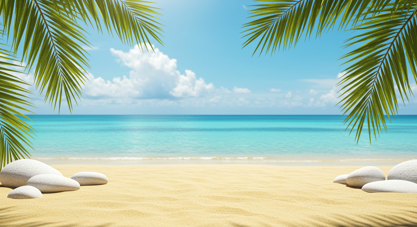 Tropical Beach with Palm Leaves and Ocean View