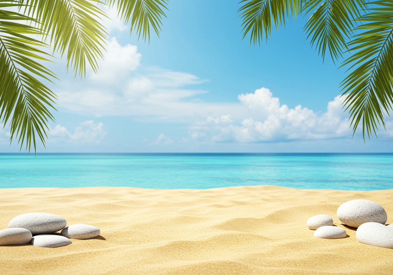 Tropical Beach with Palm Leaves and White Pebbles