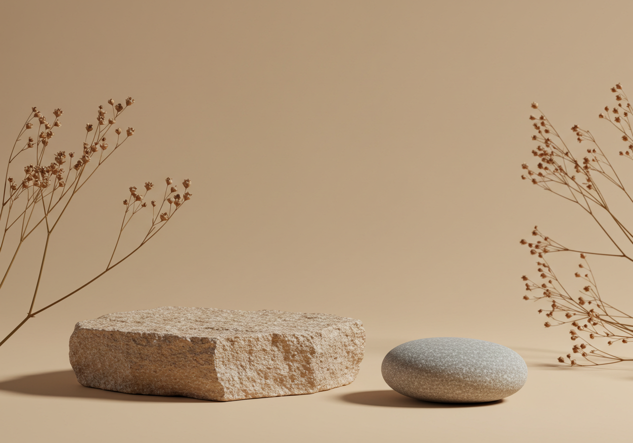 Natural Stone and Dried Floral Arrangement on Neutral Background